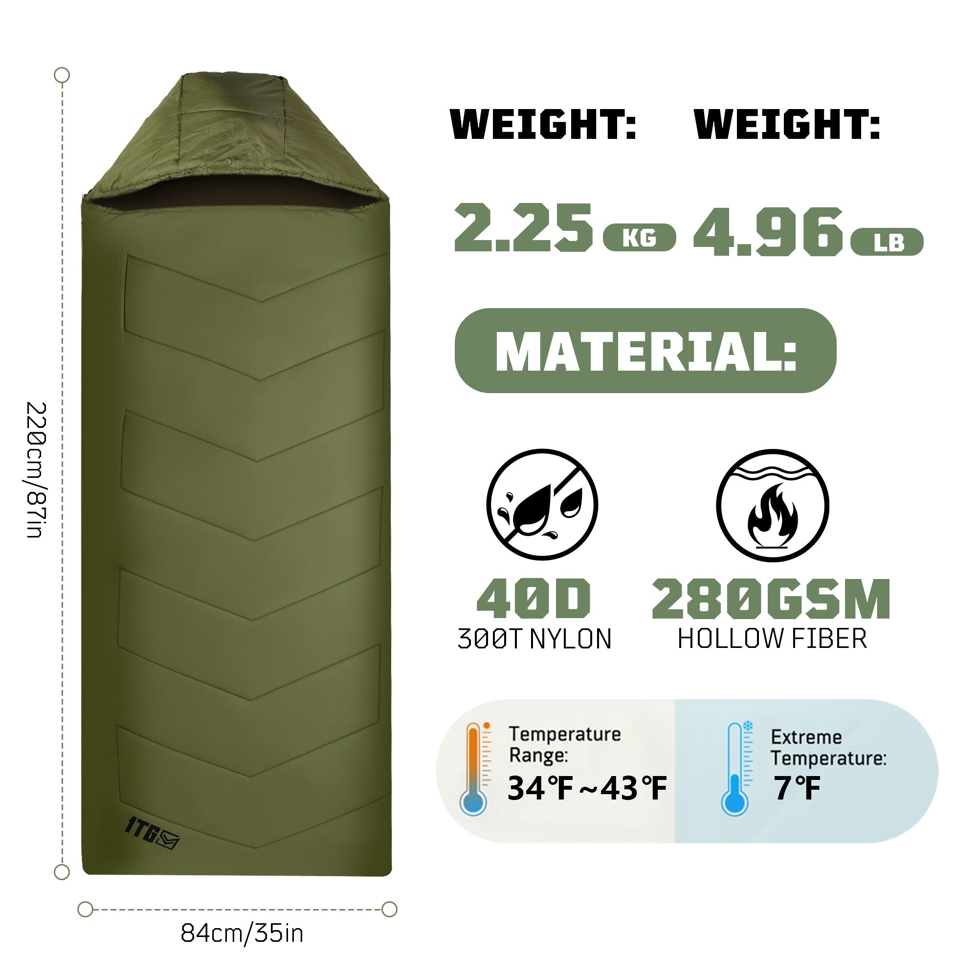 1TG Camping Insulated Sleeping Bag 丨With EN23537 Certified& Suitable for 34-43°F