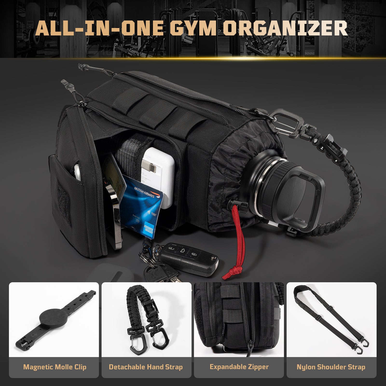 64oz Expandable Water Bottle Bag 丨 with Phone Pockets&Detachable Magnetic Clip