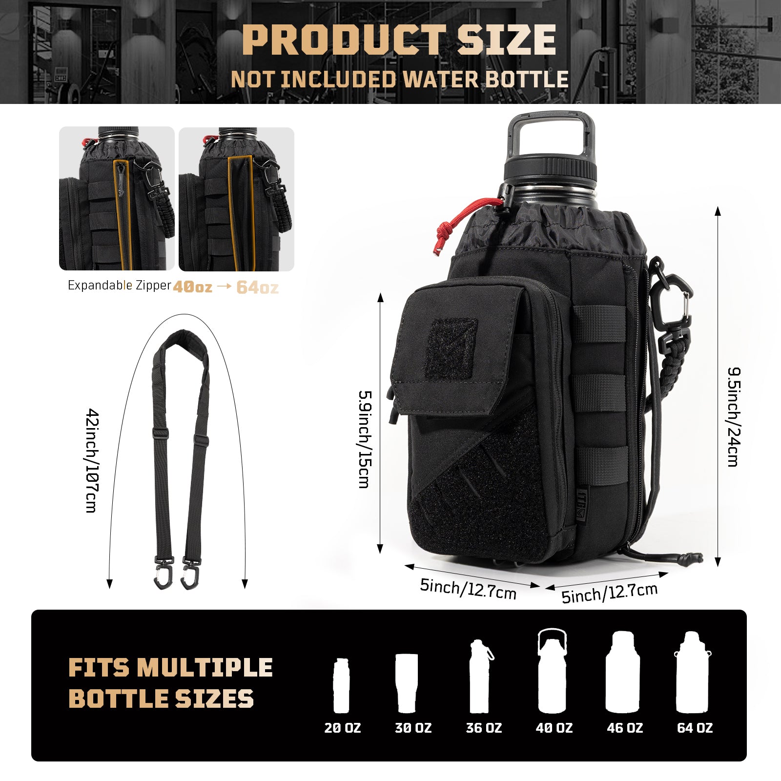 1TG  Magnetic Gym Water Bottle Bag 丨With Phone Pockets&Adjustable straps,Expandable 32-64oz