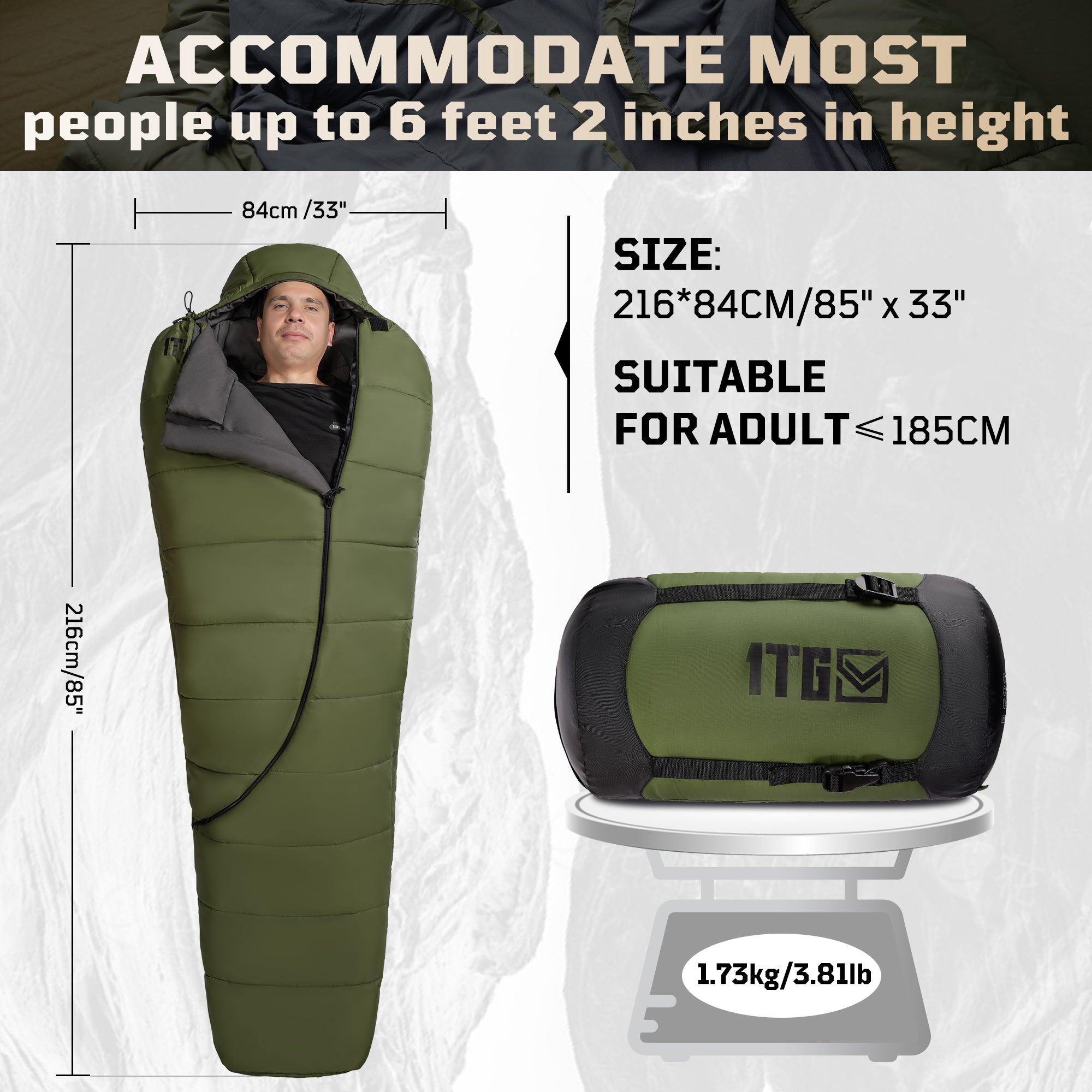 1TG Tactical Camping Mummy Sleeping Bag, 25-36℉ All Season