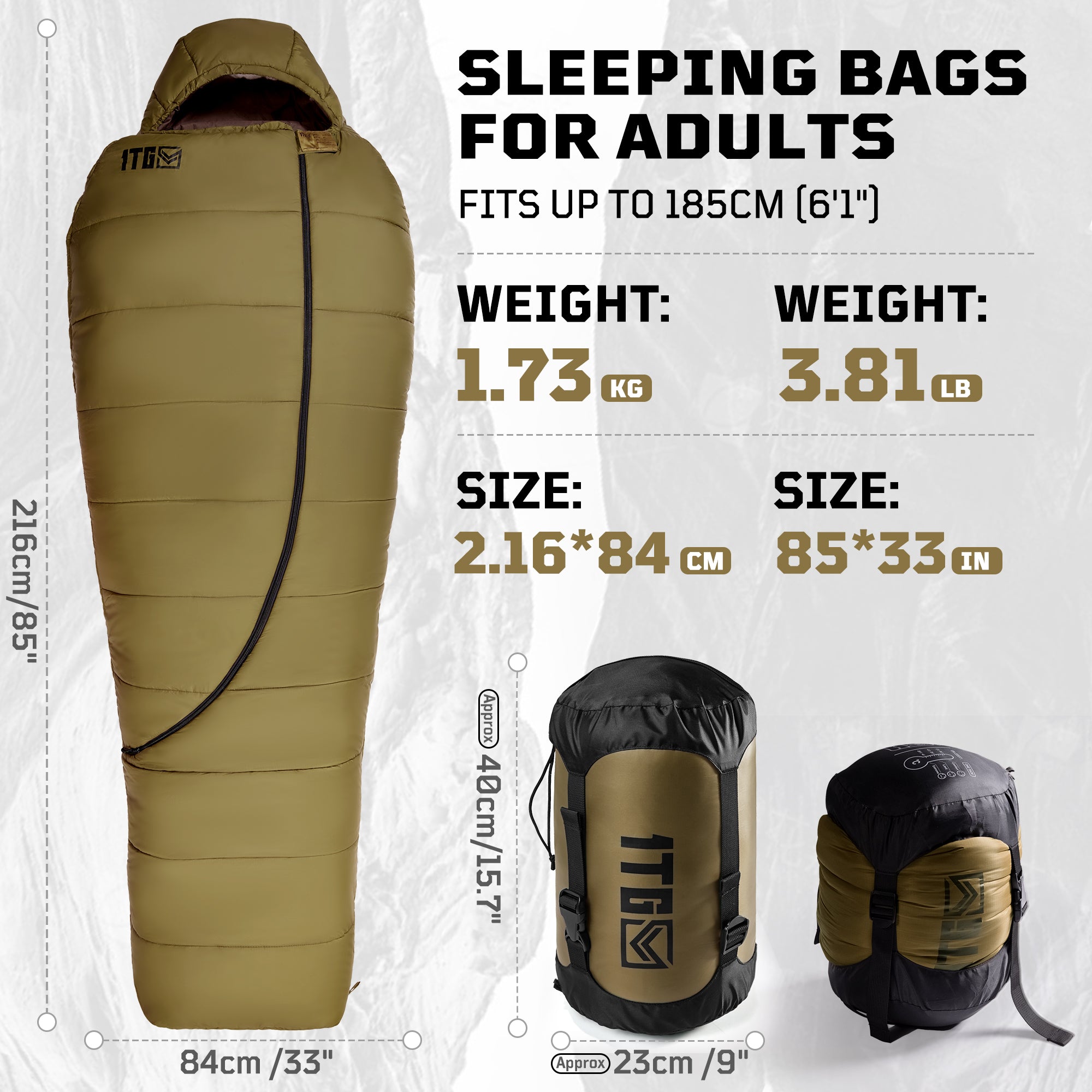 1TG Four-Season Mummy Sleeping Bag | Diagonal Zipper&Suitable for