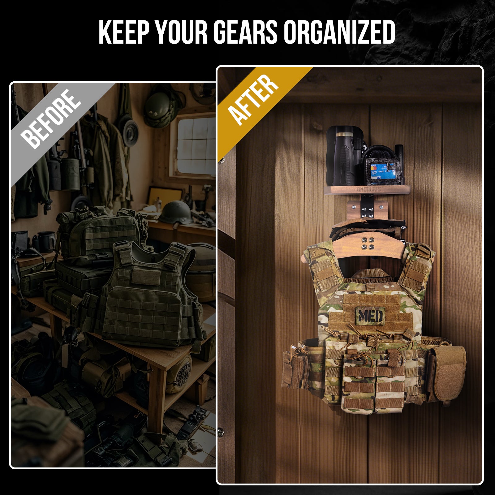 Wall-Mounted Coat Rack with Shelf | Heavy-Duty Metal-Wood Entryway Organizer for Motorcycle Gear, Jackets & Tactical Vests– Space-Saving for Hallway, Garage & Porch